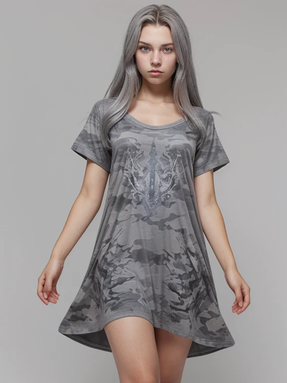 ink painting style, sketch, dynamic image of a teenage girl (14 years) with a slim teenage body(flat chest:1.3), whole body, Silver-ash tousled semi-long hair(completely gray hair:1.5) , blue eyes with a deep, heavy look of a man, saw some bullshit, very beautiful young face with an indifferent expression, in a camouflage T-shirt, an oversized dress on a naked body and sneakers, I don&#39;t wear a bra because I don&#39;t see the point, I don&#39;t wear panties because I don&#39;t want to, A play of chiaroscuro, guarded pose standing in the courtyard of a residential area of an abandoned urban village, without a bike, that&#39;s why with drobovik!