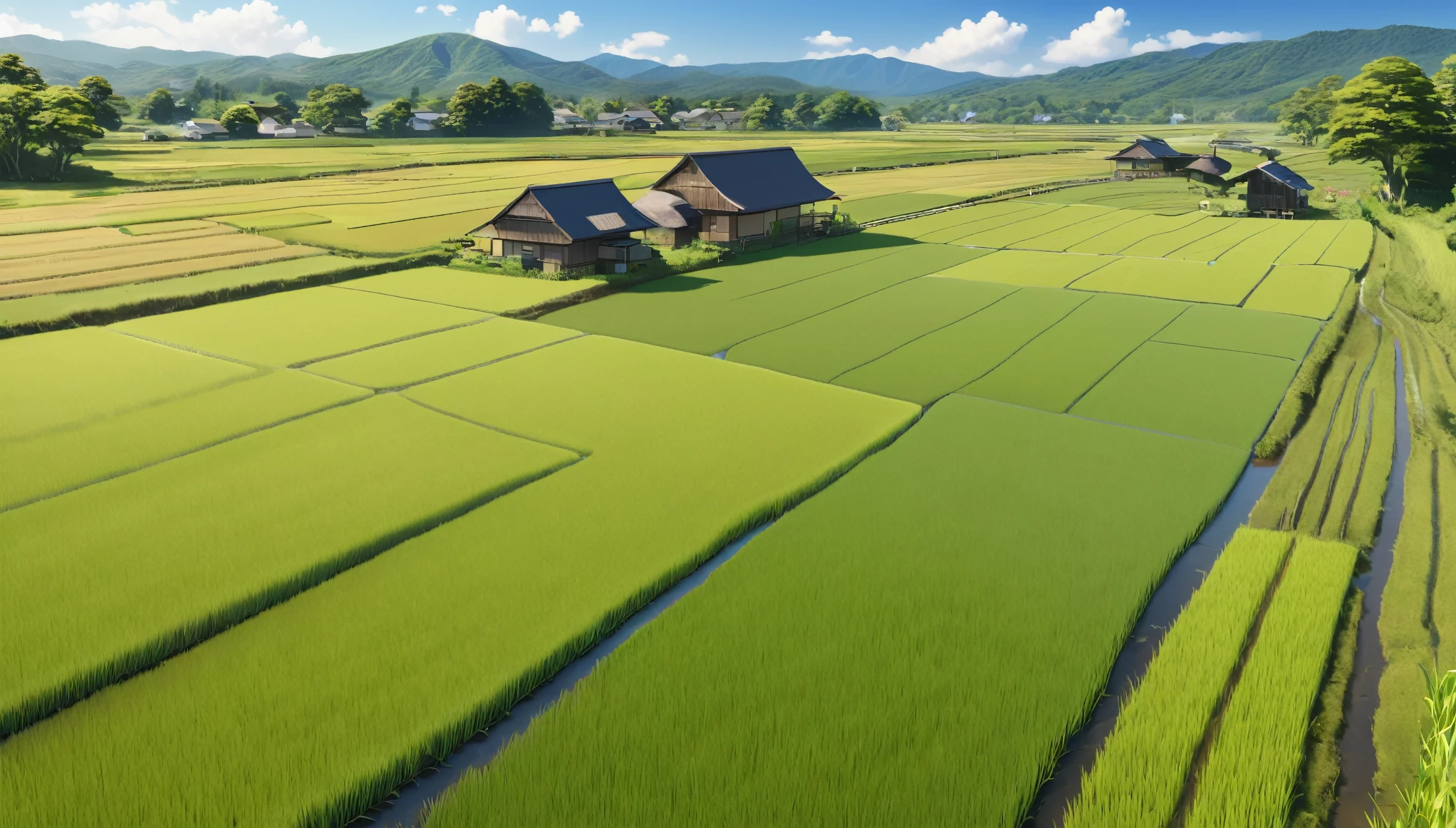 Japanese countryside,Paddy field,Midsummer,sunny,Daytime,Highest quality, 8k, High resolution, masterpiece:1.2, Very detailed, Realistic:1.37, High resolution, 超High resolution, Very detailed, Professional, Vibrant colors