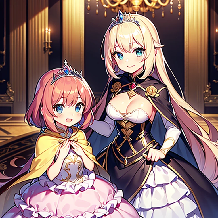 best quality,(long train cape:1.15),(long train ball gown with floral decoration:1.15), a girl is wearing a cape over her dress, anime style, rococo style, little princess, tiara, kind smile, very long hair, small breast, perfect fingers, masterpiece