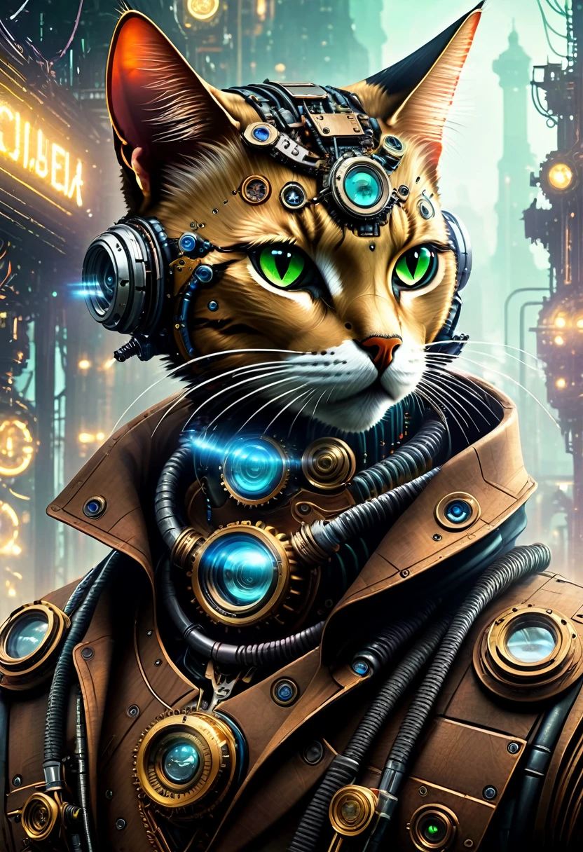 (((Cybernetic cat))) adorned with steampunk elements, blending seamlessly into a cyberpunk environment, (mysterious) and (dystopian) ambiance, (masterpiece) of digital art