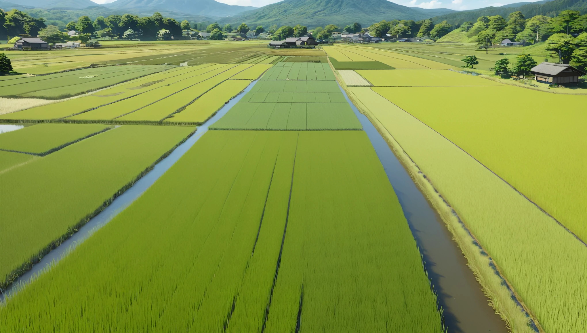 Japanese countryside,Paddy field,Midsummer,sunny,Daytime,Highest quality, 8k, High resolution, masterpiece:1.2, Very detailed, Realistic:1.37, High resolution, 超High resolution, Very detailed, Professional, Vibrant colors