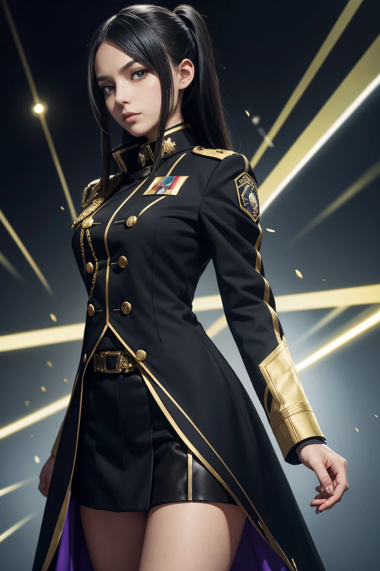 a woman in a uniform with a gold collar and black trim, avant uniform, jk uniform, full uniform, magic uniform university, uniform, stylish coat for a rave, magic uniform, sao, coat for a rave, rin, magic , fashionable rpg clothing, officers uniform, black uniform, code geass, cosplay, illustrious clothes, avant designer uniform