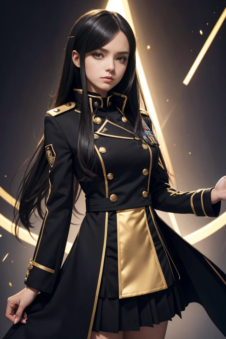 a woman in a uniform with a gold collar and black trim, avant uniform, jk uniform, full uniform, magic uniform university, uniform, stylish coat for a rave, magic uniform, sao, coat for a rave, rin, magic , fashionable rpg clothing, officers uniform, black uniform, code geass, cosplay, illustrious clothes, avant designer uniform