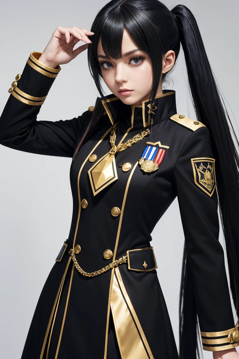 a woman in a uniform with a gold collar and black trim, avant uniform, jk uniform, full uniform, magic uniform university, uniform, stylish coat for a rave, magic uniform, sao, coat for a rave, rin, magic , fashionable rpg clothing, officers uniform, black uniform, code geass, cosplay, illustrious clothes, avant designer uniform