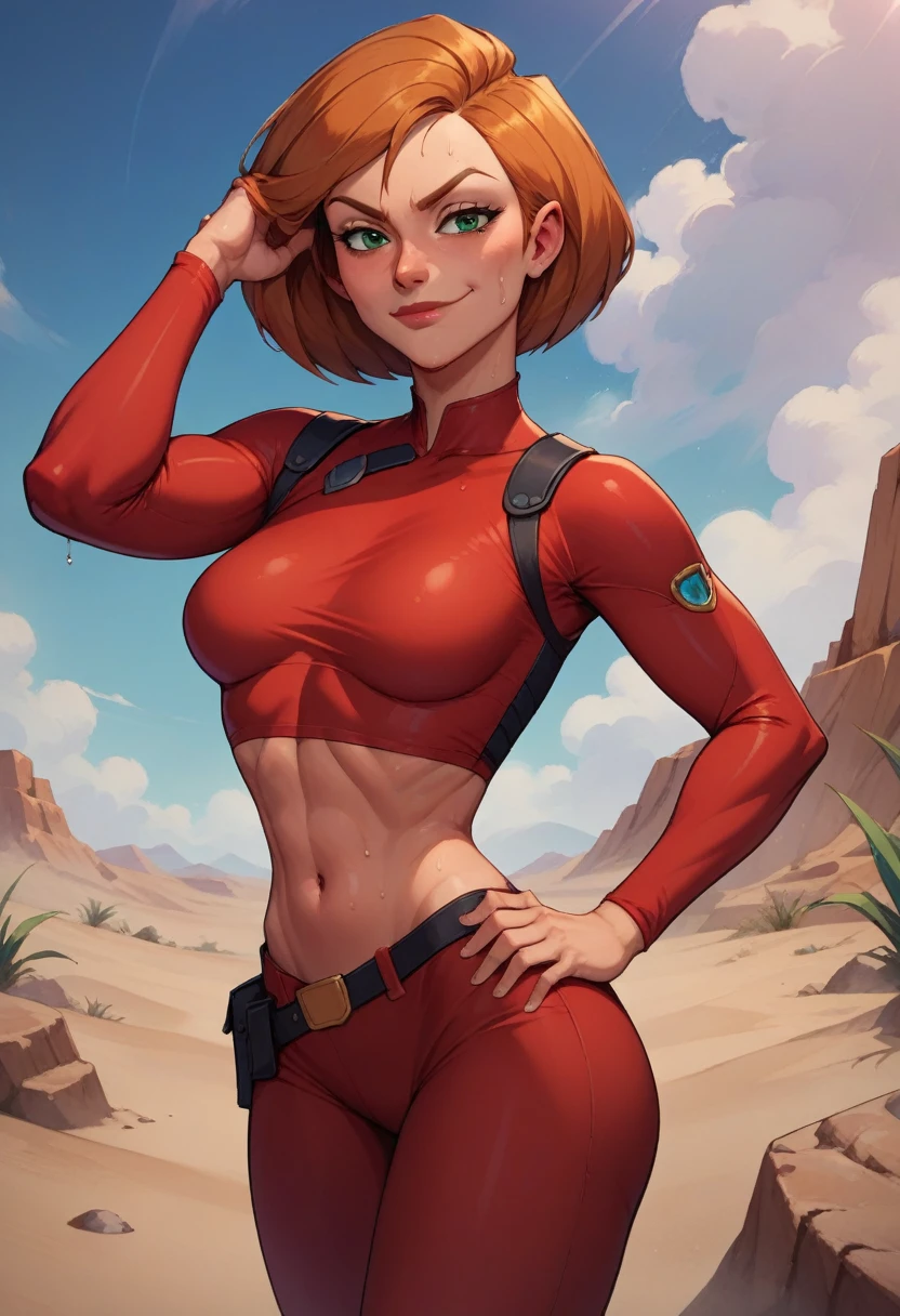 score_9, score_8_up, score_7_up, score_6_up, BREAK Ann possible, medium breasts, evil smirk,one hand on hip, sweating, in a desert, looking at viewer