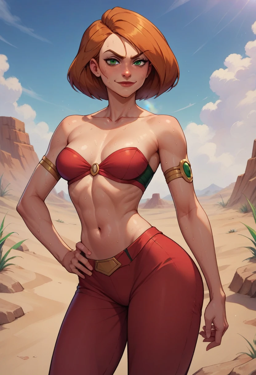 score_9, score_8_up, score_7_up, score_6_up, BREAK Ann possible, medium breasts, evil smirk,one hand on hip, sweating, in a desert, looking at viewer