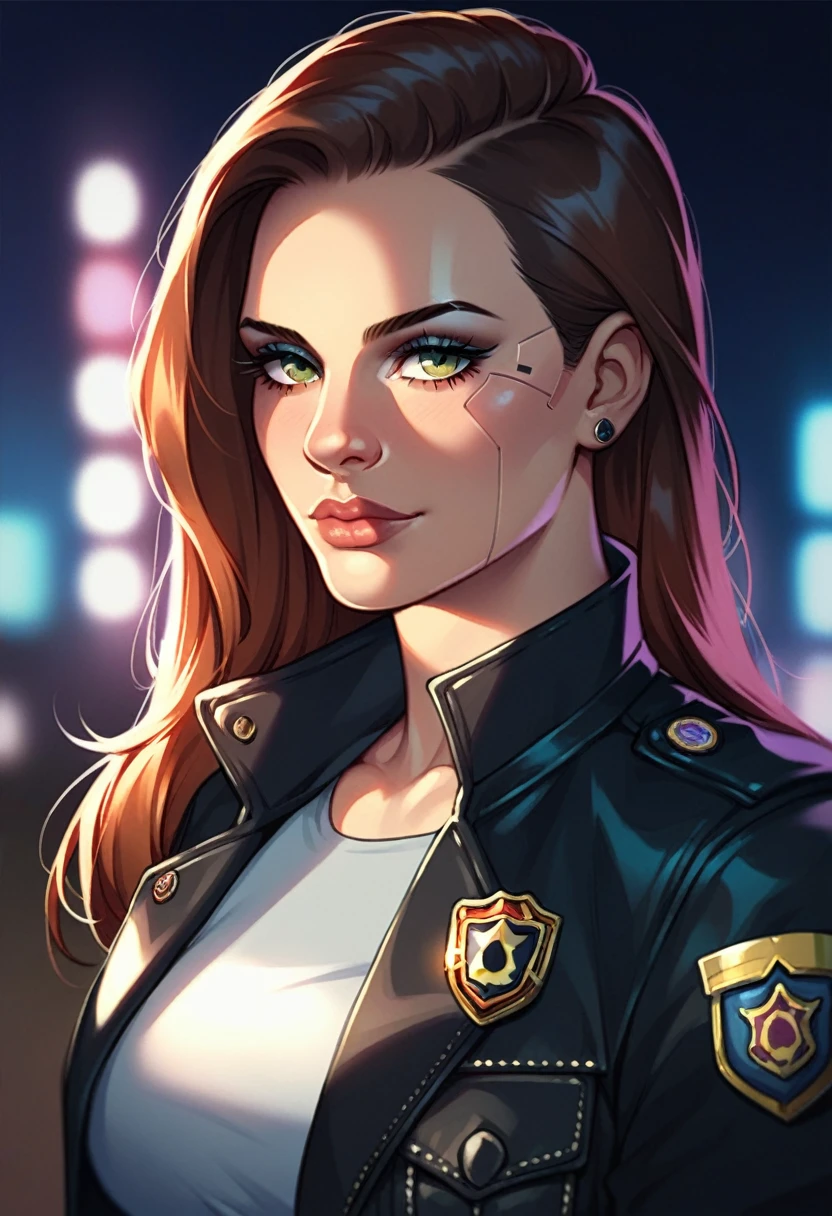 Portrait of scarlett as a beautiful female model, georgia fowler, beautiful face, with short dark brown hair, in cyberpunk city at night. She is wearing a leather jacket, black jeans, dramatic lighting, (police badge:1.2)