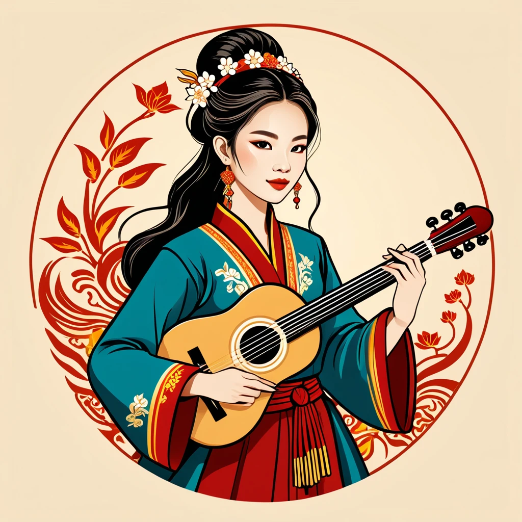 female bard in vietnamese folk outfit ,vector graphics, strong contours, logo design