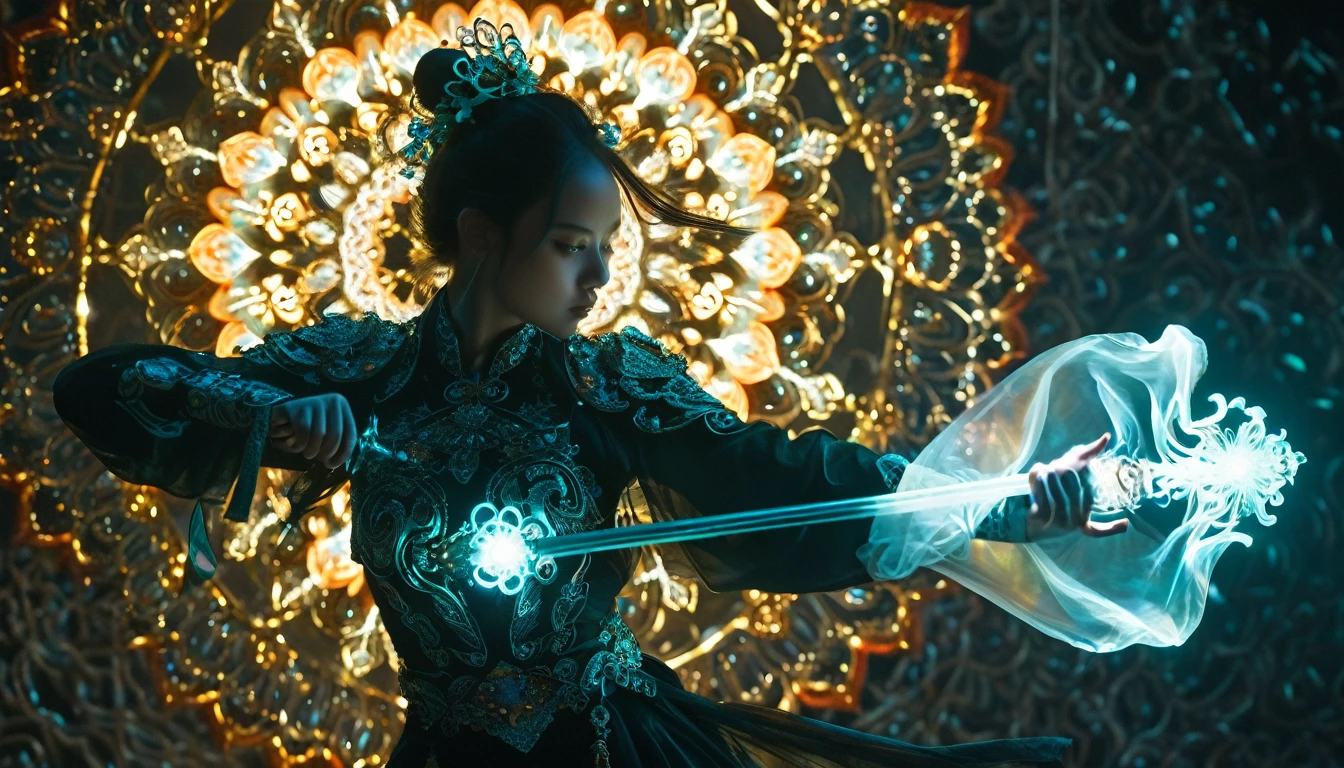 Female swordsman Jade Fractal photography,Atomic Correct,Raw, Lenses, (Clear focus:1.5), (Reality:1.4), Dusk lighting, Volumetric Lighting, Ultra-high resolution, 16K,Dramatic Lighting, White background:1.5),Glowing sword,(fighting stance),Hold the sword hilt tightly in your hand,1 sword,Solitary,(Zentangle,Mandala,Tangles,Entanglement:0.7) , Depth of Field, Dreamy atmosphere, The most beautiful form of chaos, grace, Brutalist design dark theme, Flower of Death, Flowers of ecstasy,glowing line,Glow Example,Tracking example,flash, Backlight,translucent,Light Particles,exit,xianxia