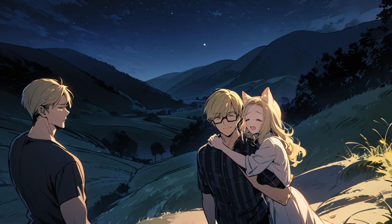 two people, one boy one girl, both are blond hair, the girl has cat ears, the boy wear glasses, the girl is crying, the girl hugs the boy, boy back to the viewer, night, standing, closing eyes, hills, mature