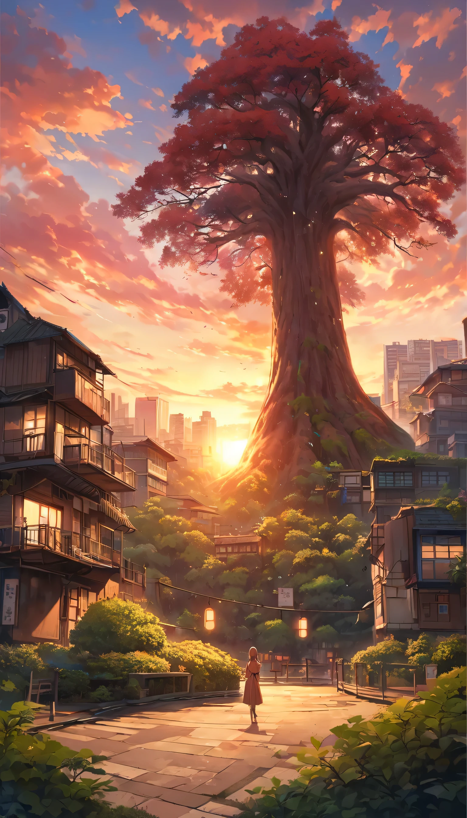 A giant ancient tree stands tall in the center of the city、A girl stands in front of it。The sky is dyed in the sunset、Orange and pink hues abound。The tree roots wrap around the building、The cityscape and nature blend together to create a fantastic sight.。The top of the tree is lush and green.、Leaves are lush、Thick branches spread out in all directions。The girl stands in front of the tree、Hands on the railing。She is wearing a simple dress、Turning his back and staring at the tree。The city buildings are illuminated by the light of the setting sun、Place々A small light is shining in。A giant tree stands tall in the center of the city。
The tree roots spread out, enveloping the building.。
The sunset sky is beautifully colored in shades of orange and pink.。
The top of the tree is lush and green.、Leaves are lush、Thick branches spread out。
The girl is wearing a simple dress.、Hands on the railing。
The girl is turning his back and staring at the tree。
The city buildings are illuminated by the light of the setting sun、Place々A small light is shining in。Paintings inspired by Makoto Shinkai, Beautiful anime scenery、ultra-realistic, Anime movie background, Pixiv Topics、Her hair is fluttering in the wind