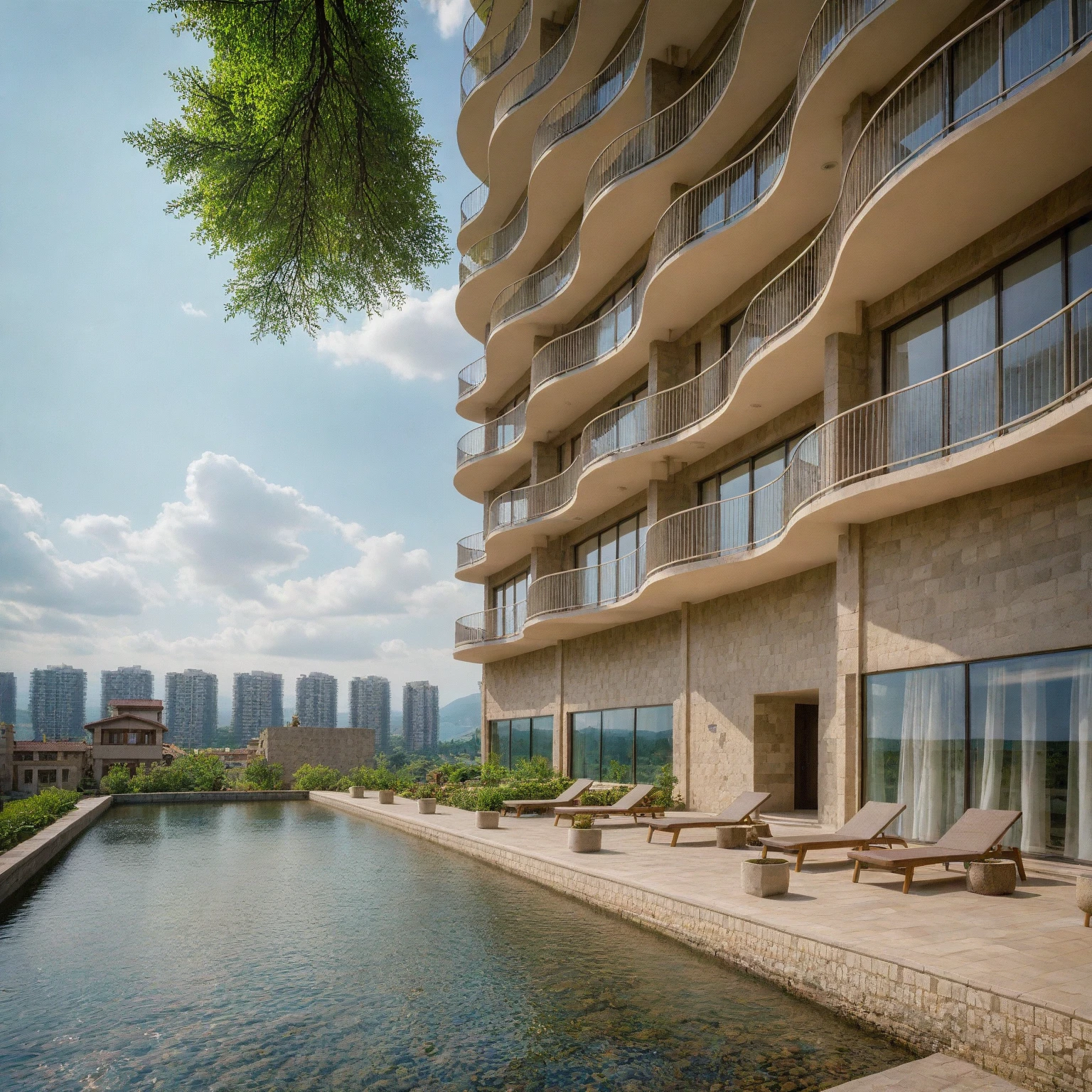 MASTER PIECE, modern, the resort is on the hills ,squares, urban landscape, cars, people, streets, reality, RAW photo, (high detailed skin:1.3), 8k uhd, dslr, soft lighting, ultra quality, film grain, Fujifilm XT3, sharp image, best qualitym, authentic, high quality; outdoors, day, water, tree, no humans, traditional media, building, nature, scenery, rock, mountain, house, landscape