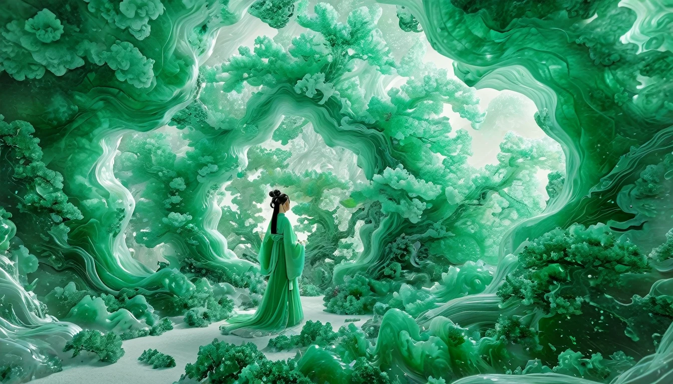Jade Fractal，luminescent，1 Girl，。(Best quality,4K,8K,A high resolution,Masterpiece:1.2), (Realistic,Photorealistic,photo-realistic:1.37).，Shiny，Exquisite，Monster，Unreal Engine 5，Texture，A three-dimensional character wearinghanfu,minimalism and abstract illustration, chinese ink painting style, chinese xuan paper texture, light penetrate the air, Fractals effect, Phosphore scence effect
