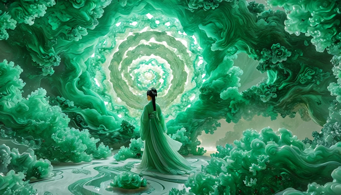 Jade Fractal,luminescent,1 Girl,。(Best quality,4K,8K,A high resolution,Masterpiece:1.2), (Realistic,Photorealistic,photo-realistic:1.37).,Shiny,Exquisite,Monster,Unreal Engine 5,Texture,A three-dimensional character wearinghanfu,minimalism and abstract illustration, chinese ink painting style, chinese xuan paper texture, light penetrate the air, Fractals effect, Phosphore scence effect