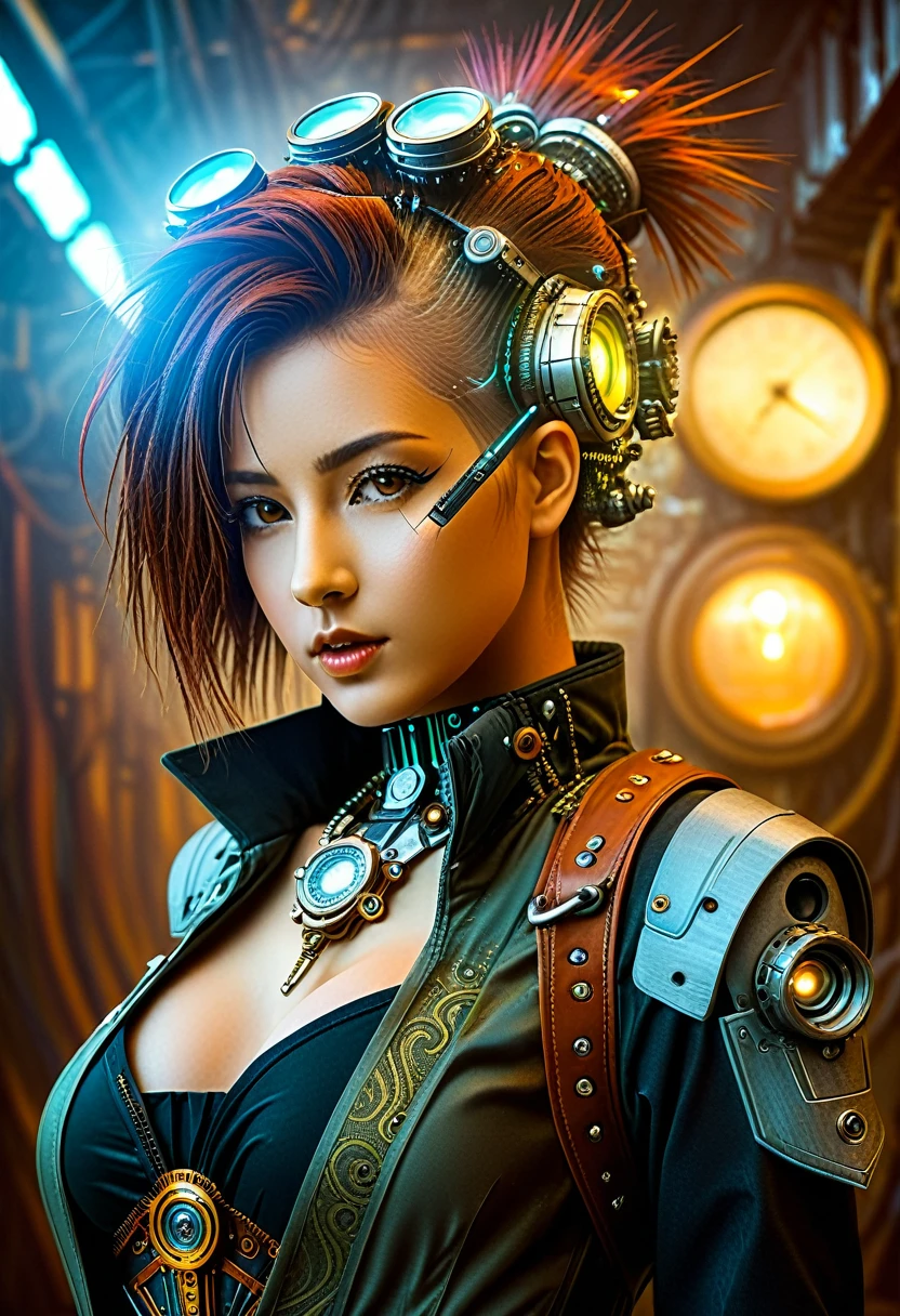 (((Cybernetic girl))) adorned with steampunk elements, blending seamlessly into a cyberpunk environment, (mysterious) and (dystopian) ambiance, (masterpiece) of lifelike art