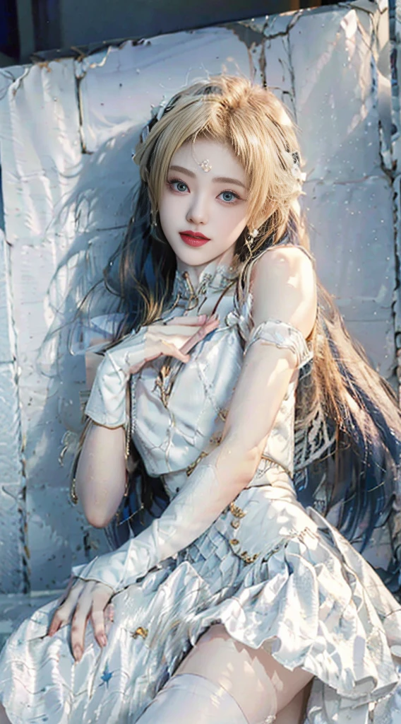 (CG Unity 8K wallpaper with extreme detail, masterpiece, highest quality), (exquisite lighting and shadow, highly dramatic picture, cinematic lens effect), (Sailor Moon: 1.1), charming smile, double tail, vibrant blue eyes, looking at the viewer with blond hair, white tight-fitting top, white gloves, mini skirt, dynamic pose), the background is the universe (excellent detail, excellent lighting, wide angle), (excellent rendering, enough to stand out in its class),
