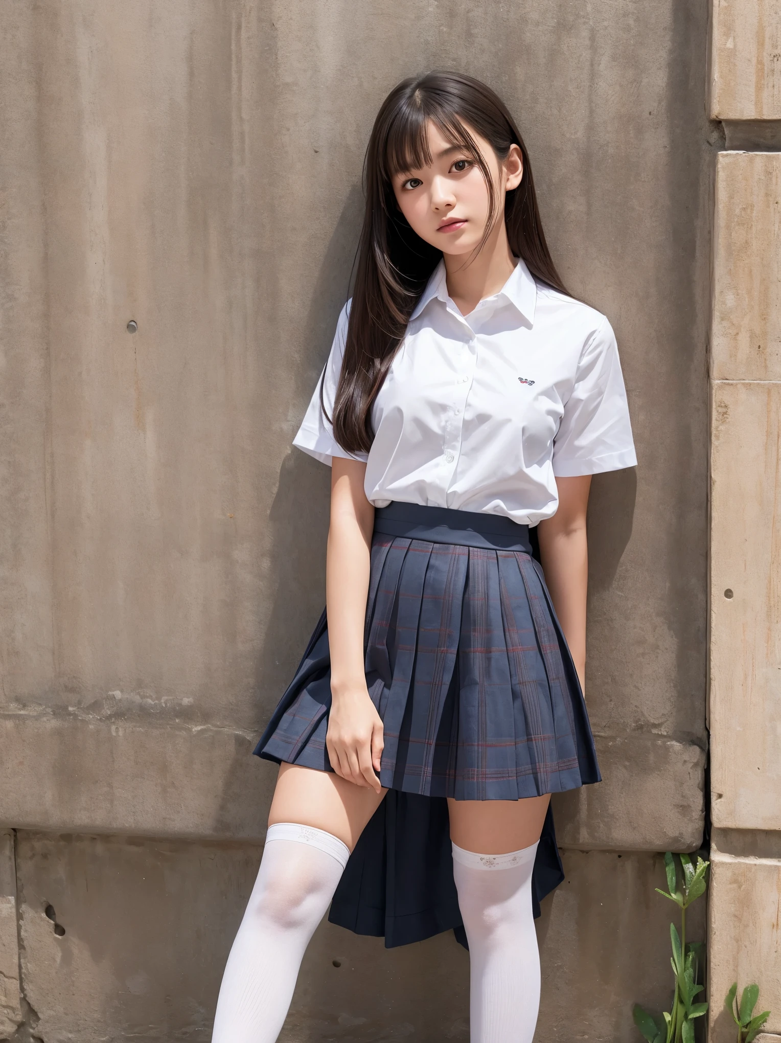 Woman in skirt and white shirt posing, hyper現実的なhigh school girl, a hyper現実的なhigh school girl, 現実的なhigh school girl, Knee socks and skirt, ポーズをとるhigh school girl, Leaning against a wall, Leaning against a wall, inspired by Balthus, clothing , In the old house. Ultra-realistic, high school girl, inspired by Balthus