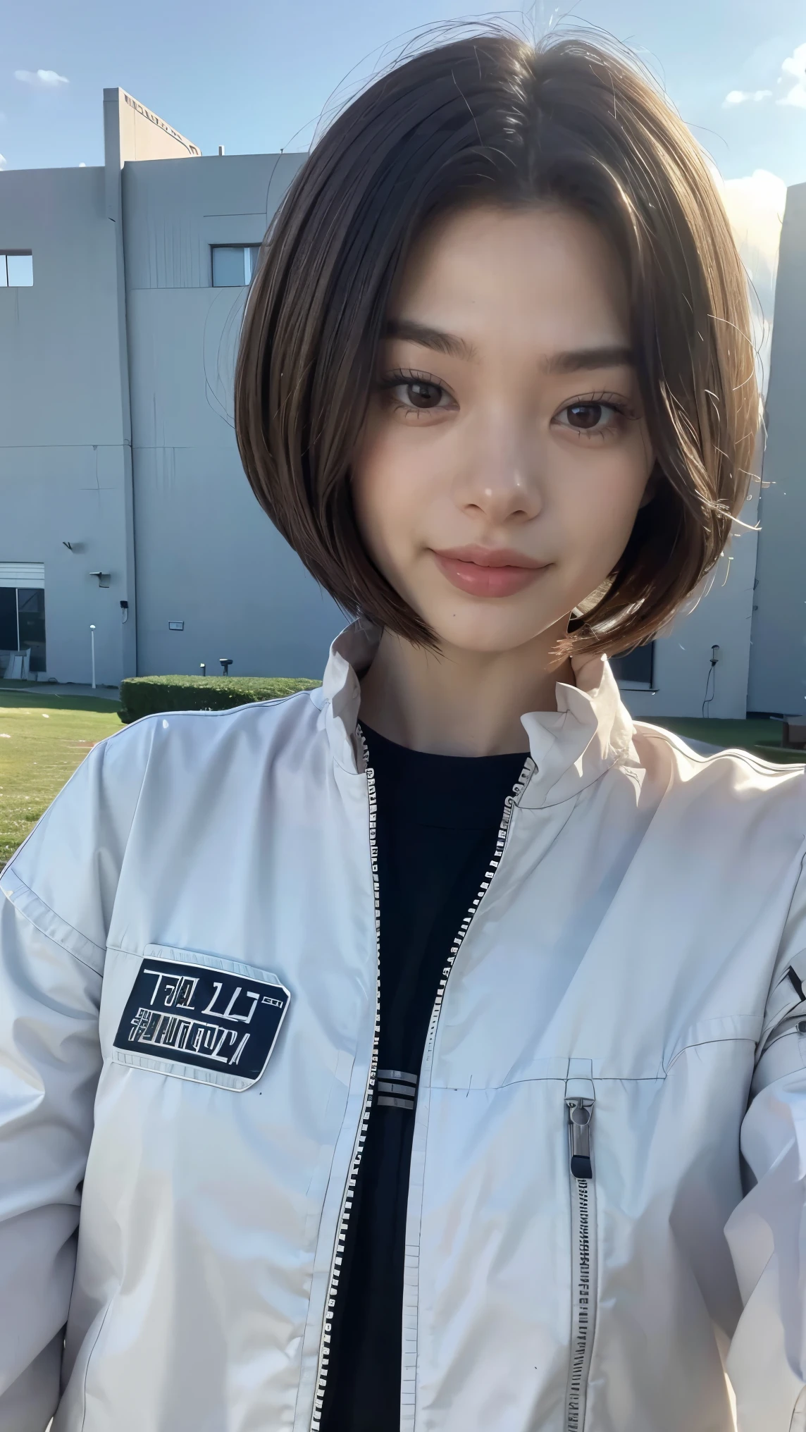 Science Fiction,Sci-Fi Movies,Artillery,Long-Range Missiles,Based on the Movie Foundation ,Woman,Adult,Protagonist,28 years old,hopeful face,brown eyes,short hairstyle,black hair with white gray,scientist uniform,white researcher coat,open meadow,rebel,chaotic,future world,world of socialism,snow,chaos