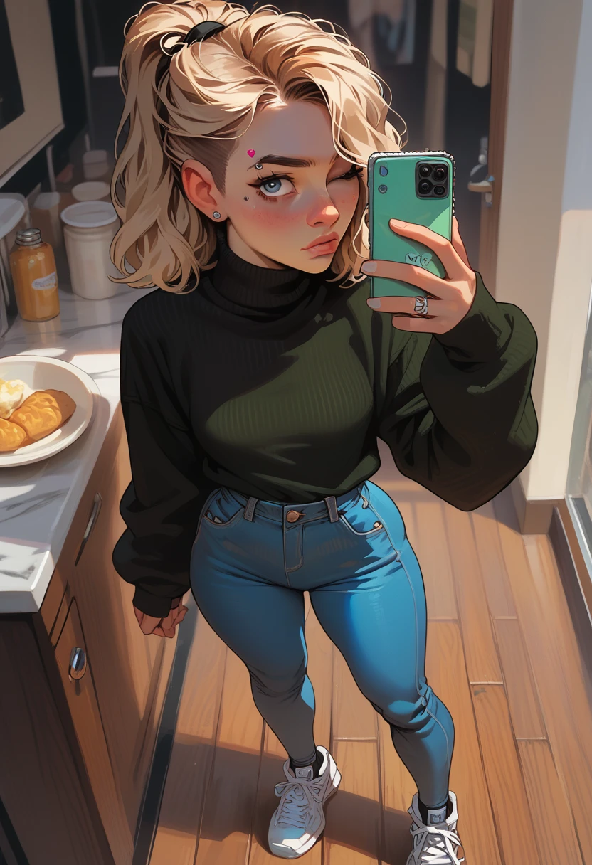 1girl, 18 years old, gwen stacy, small breasts, bigger hips, standing, look up, new york, one eye closed, green sweater, blue jeans, gray eyes, blondie hair, long hair, ponytail, bodysuit, white sneakers, detailing face, detailing body, selfie