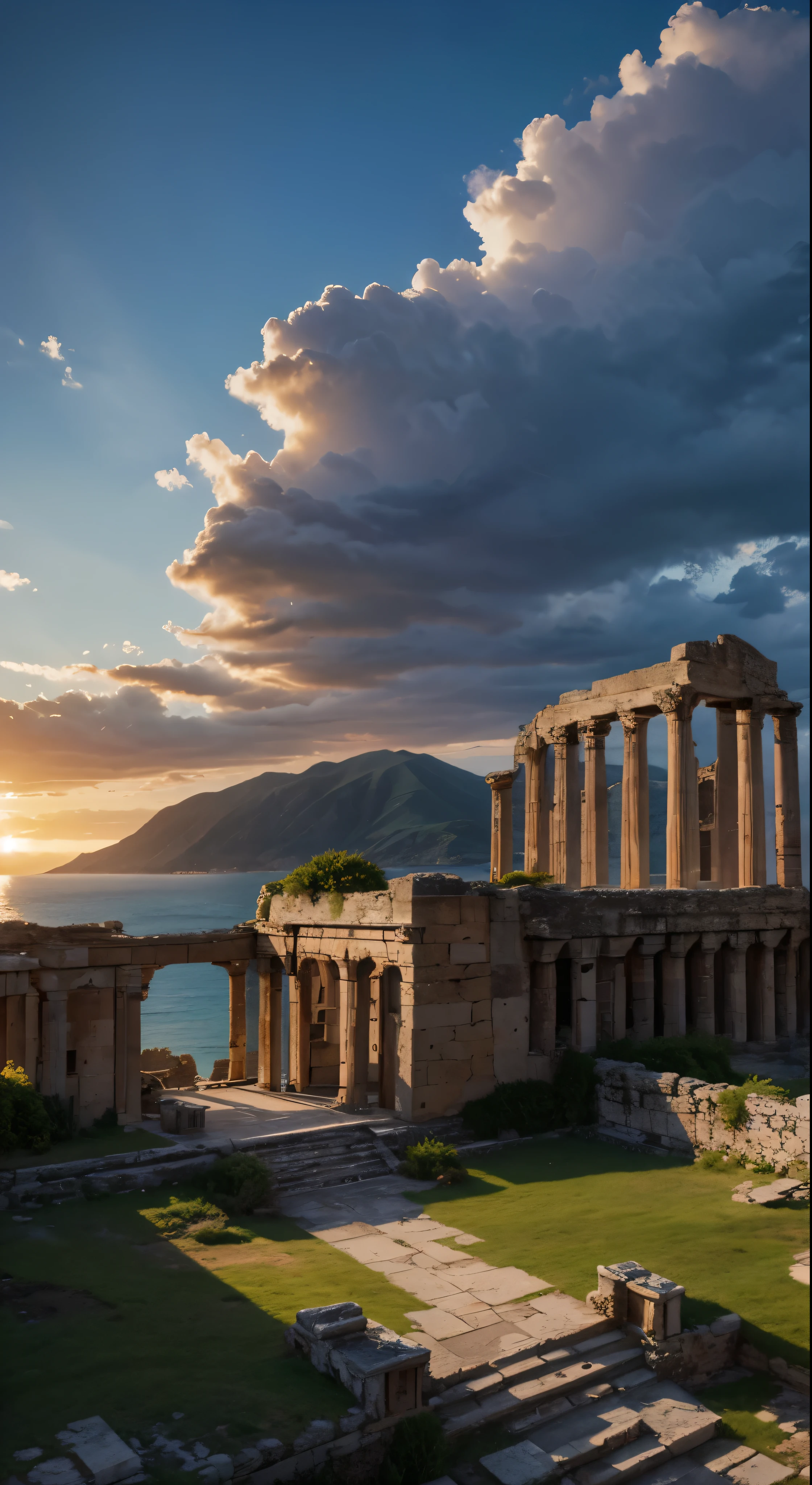 Landscape of the ruins of ancient Crete、Ocean、Flowing Clouds、Light of the sun、masterpiece、Super detailed、A composition of magnificent giant ruins、Ultra HD、high quality、Very detailed、Official Art、Unified 8k wallpaper、Super detailed、32k -- V 6
