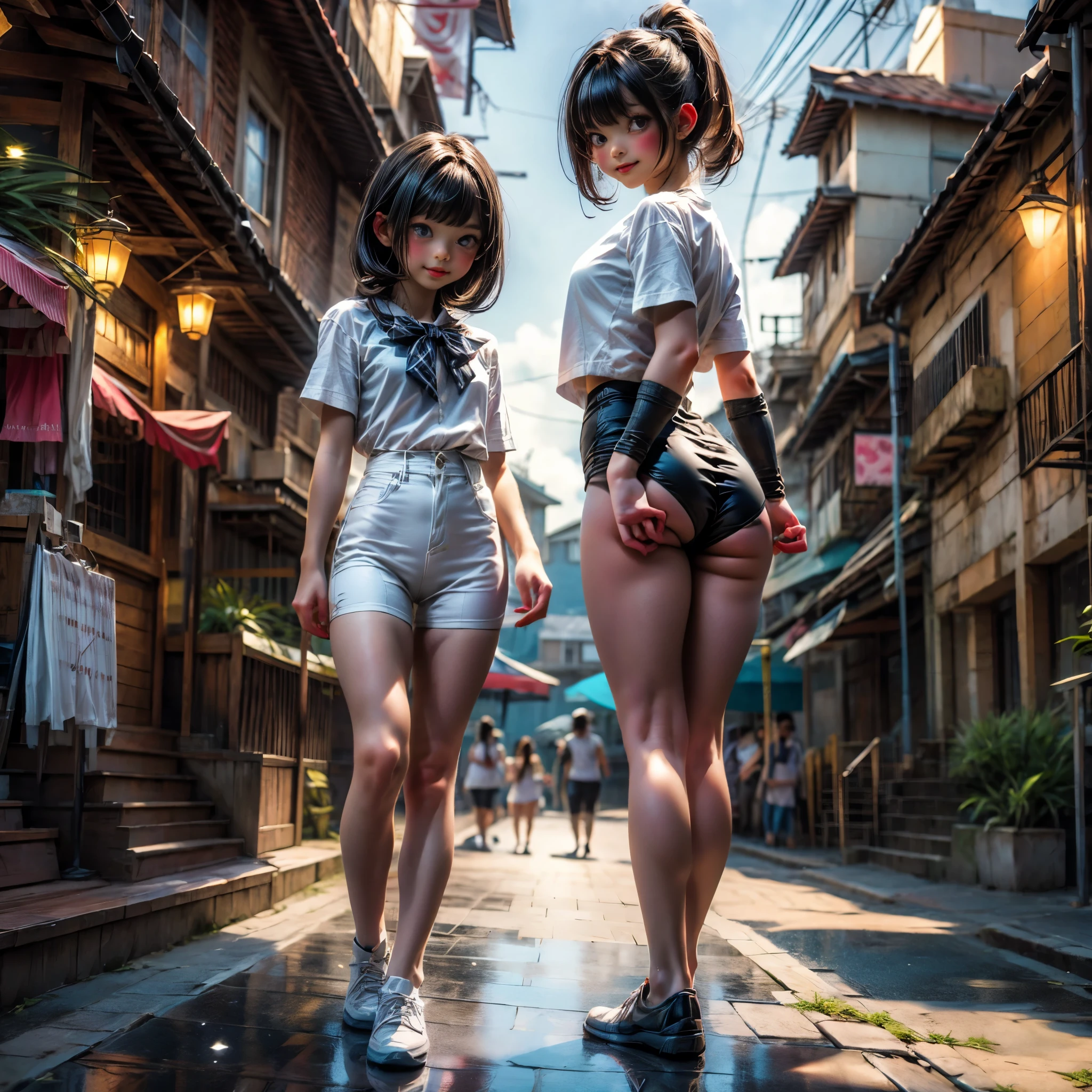 Masterpiece of ProfessionalPhoto ((ExtremelyDetailed (12 PICHIPICHI KAWAII Girls Floating in The Air in a row:1.37) in WHITE at Dusk Enoshima Beach)), {(Standing Full Body:1.2)|(from below:1.2)|Detailed KAWAII face}, Different types of hair colors, {(skinny(school swimwear))|(SchoolUniform)with Tiny AthleticShorts}, {(Corrected Childish hand)|Hidden hand|Different types of breasts|(Clearly Visible the shape of Butt)}, Joyful Expressions LifeLike Rendering, Detailed clothing texture, PerfectLighting, (Dazzling Horizon Visible through ThighGap), (Starry IridescentParticles:1.22) ColorfulClouds
