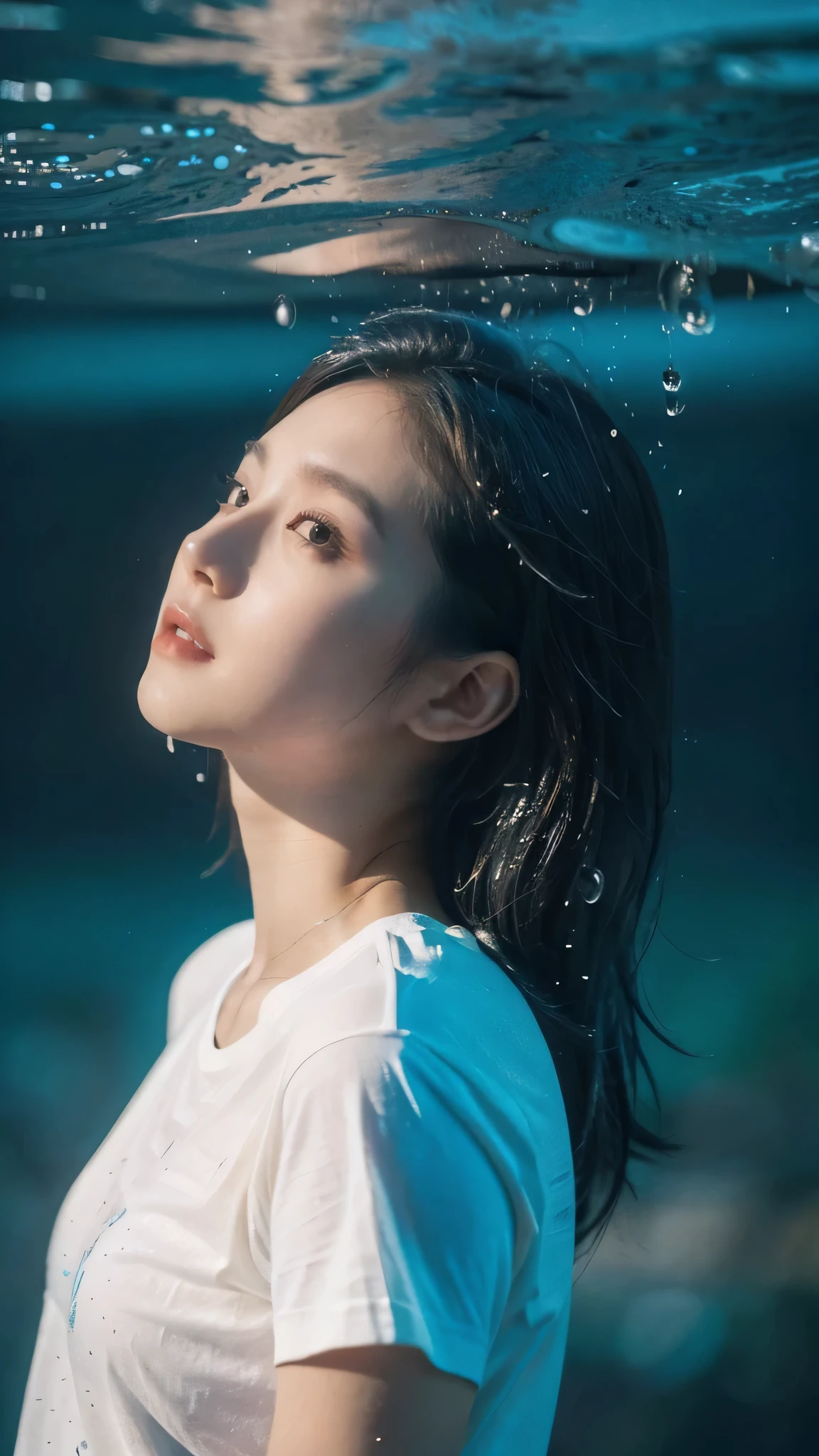 A Photograph capturing an xxmixgirl, drenched in water, clad in a white t-shirt. Intricately detailed water droplets cling to her skin, while surreal and dramatic lighting casts an evocative shadow. The overall style reflects a realistic yet professional and marketing focus, akin to the captivating aesthetics found in the works of Brandon Woelfel and Ryan McGinley. --v 5.2