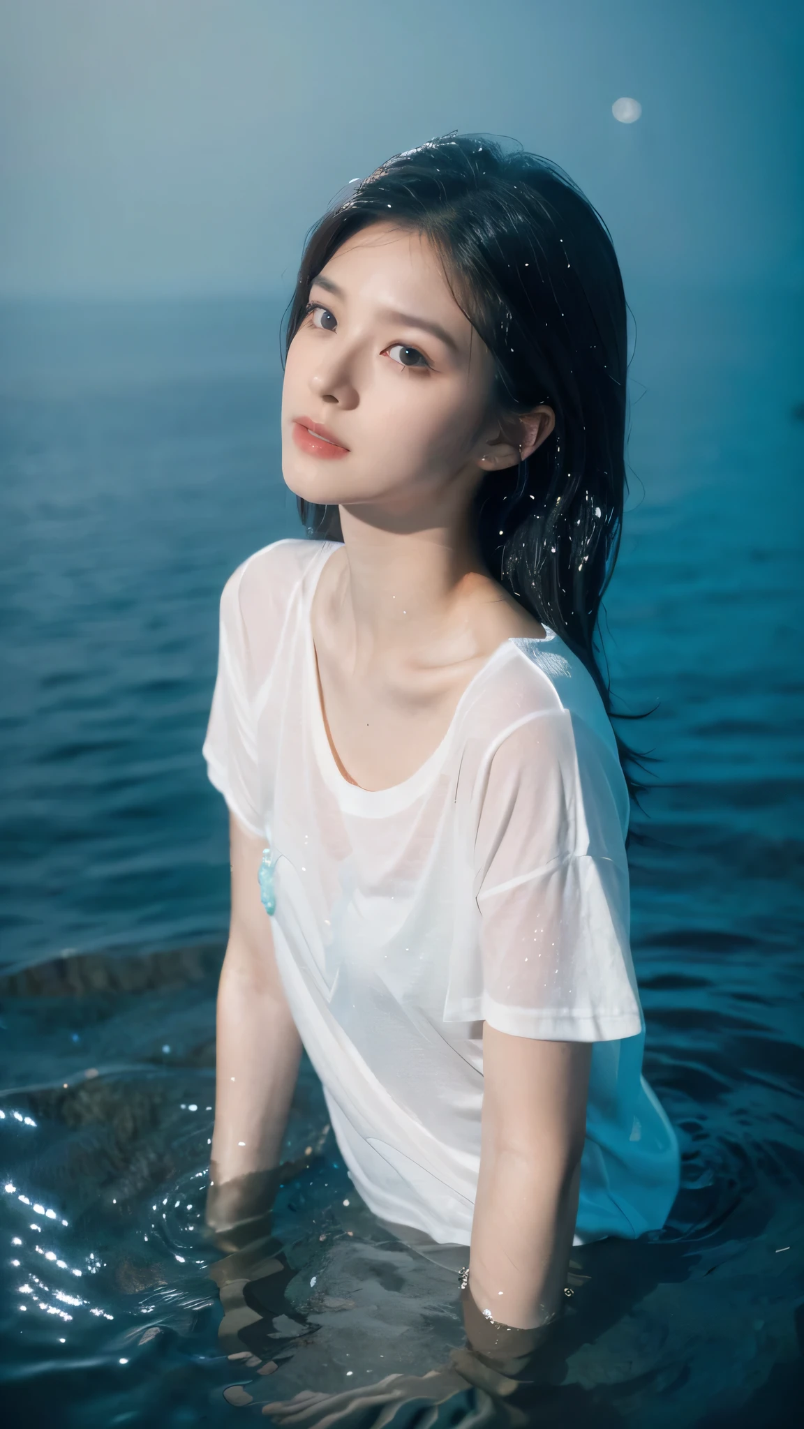 A Photograph capturing an xxmixgirl, drenched in water, clad in a white t-shirt. Intricately detailed water droplets cling to her skin, while surreal and dramatic lighting casts an evocative shadow. The overall style reflects a realistic yet professional and marketing focus, akin to the captivating aesthetics found in the works of Brandon Woelfel and Ryan McGinley. --v 5.2