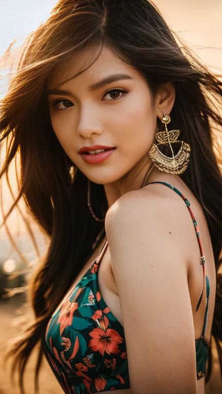 a woman with long beachy wavy hair,tropical floral lingerie set,posed on sandy beach,palm trees,sunset in background,(best quality,4k,8k,highres,masterpiece:1.2),ultra-detailed,(realistic,photorealistic,photo-realistic:1.37),hyper realistic,highly detailed,detailed portrait,intricate floral patterns,shiny skin,warm sunset lighting,dramatic shadows,cinematic composition,vibrant colors,lush tropical environment,beach scenery,romantic atmosphere