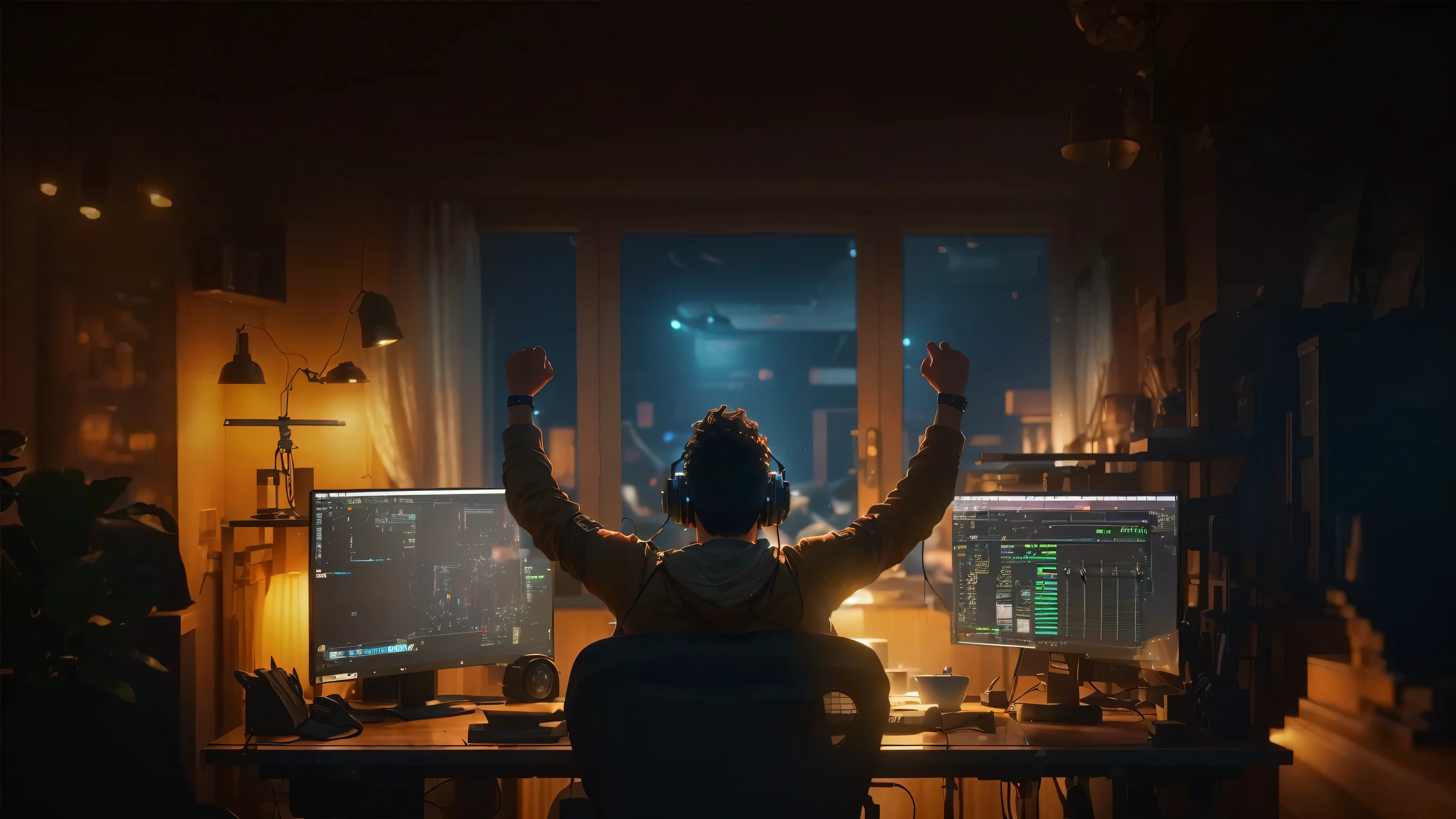 A man sits at a table with two computer screens, Artie Guerin 8K, Rich atmosphere, Full of epic scenes, 3D rendering of beeple, Inspired by Artie Guerin, 8k post production, 8k post production, Animation style rendering, 8k post production, 8k post production