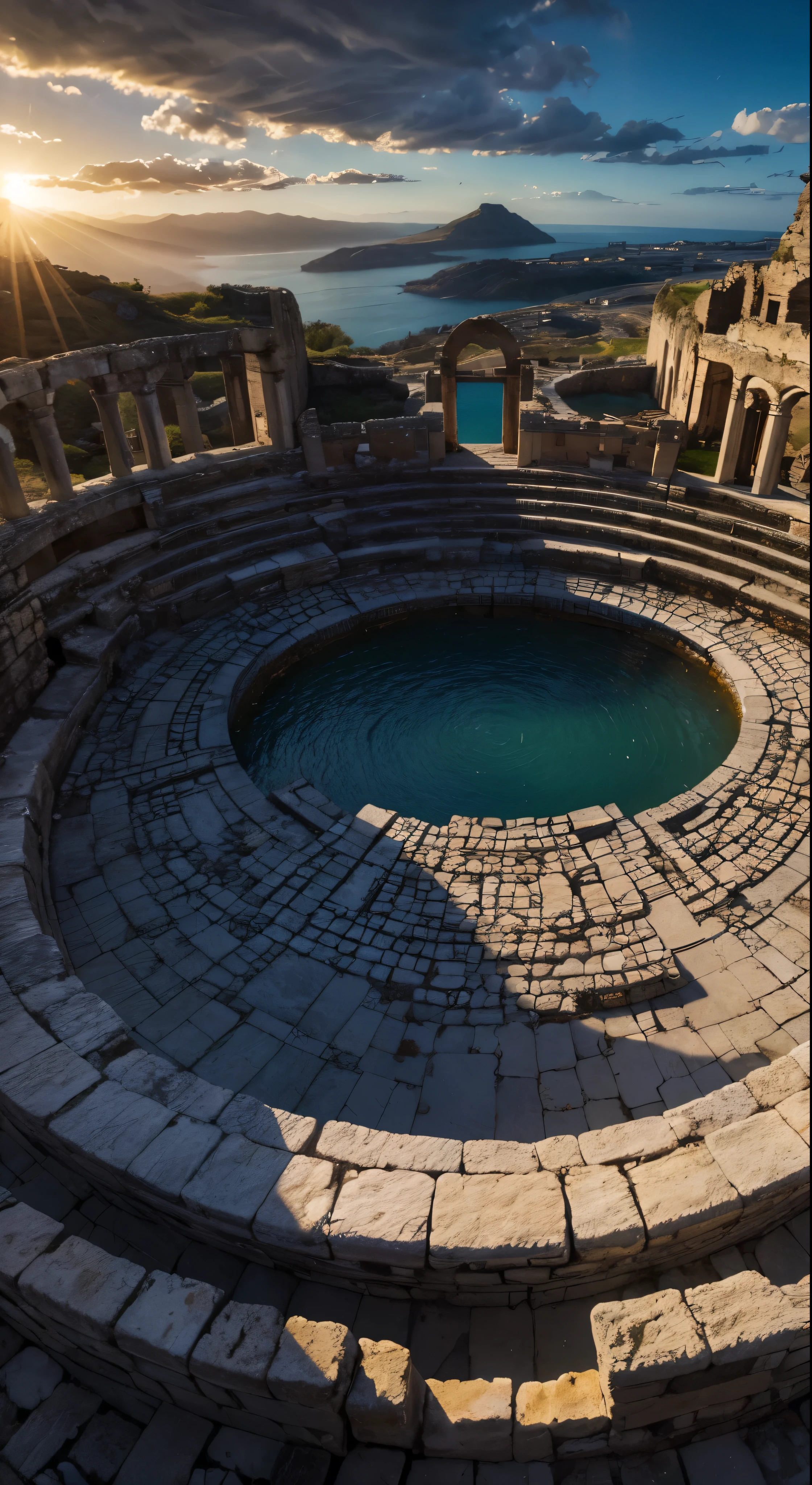 Landscape of the ruins of ancient Crete、Ocean、Flowing Clouds、Light of the sun、masterpiece、Super detailed、A composition of magnificent giant ruins、Ultra HD、high quality、Very detailed、Official Art、Unified 8k wallpaper、Super detailed、32k -- V 6