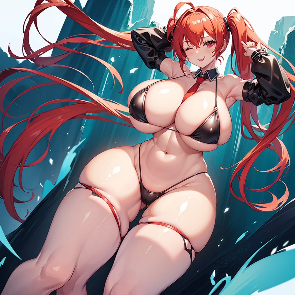 Kasane Teto, alone, solo, looking at viewer, smiling, pigtails, skirt, simple background, red eyes, white background, ribbon, full body, ahoge, red hair, twin drills, breasts, blushing, smiling, bangs, huge breasts, (huge breasts: 1.8), big thighs, (thighs: 1.8), knee-socks, navel, exposed shoulders, mouth closed, standing, swimsuit, heart, bikini, sleeves removed, one eye closed, tie, tongue, striped, shiny, black knee-socks, tongue out, armpit, stomach, arms up, tattoo, skin dent, detachable collar, underbust, high-cut, thigh gap, between breasts, string bikini, headset, striped bikini, high-cut bikini, tie between breasts, aqua nails, red tie, aqua tie,