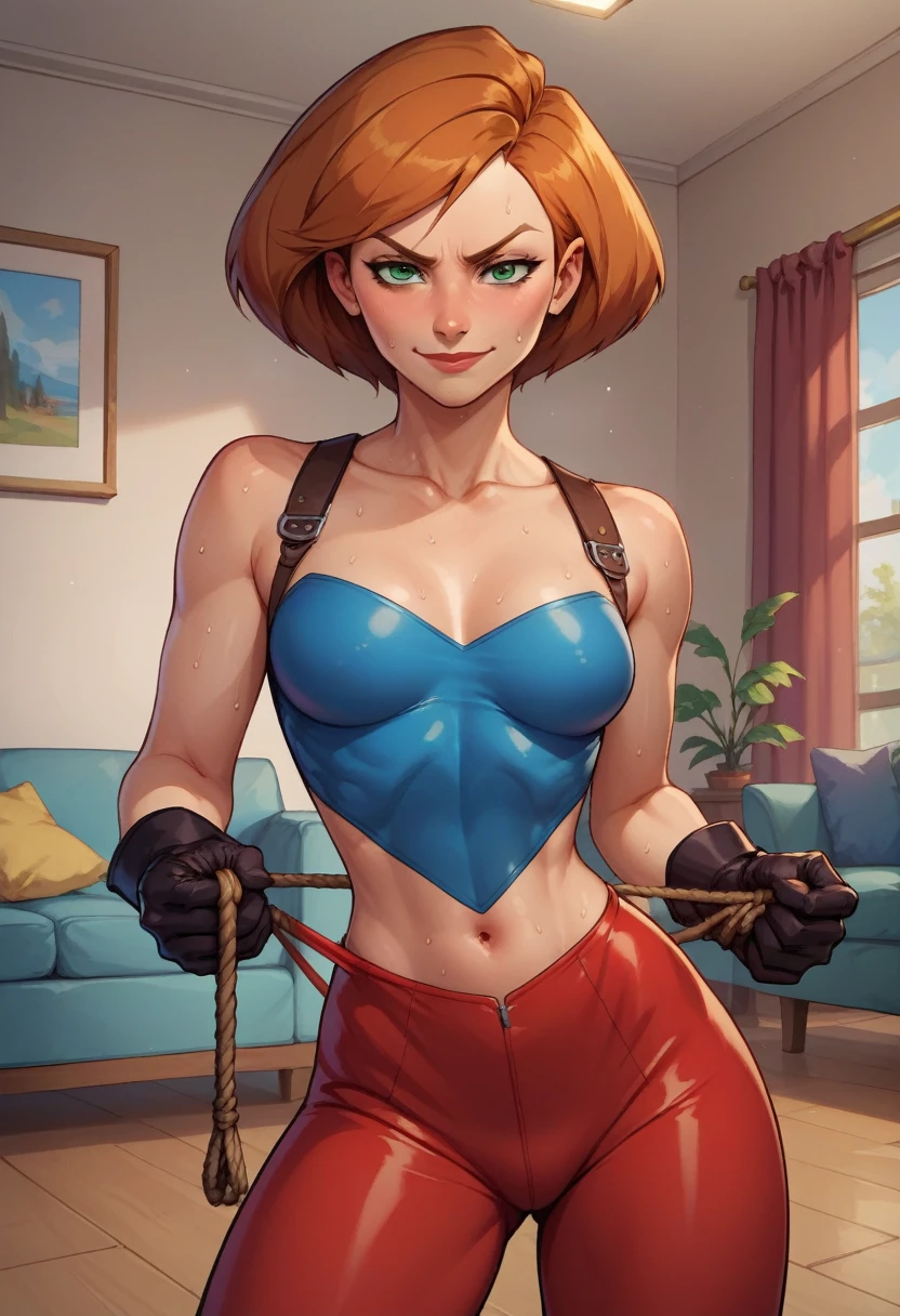 score_9, score_8_up, score_7_up, score_6_up, BREAK Ann possible, wearing leather outfit, leather gloves, medium breasts, evil smirk,holding rope, sweating, in a living room, looking at viewer, short hair