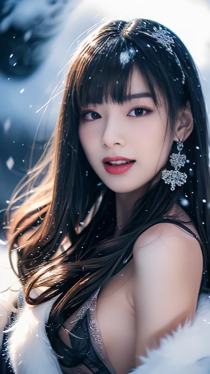 A woman with long, flowing hair and a cozy, fur-trimmed lingerie set in soft whites and blues, standing in a snowy, winter wonderland setting with twinkling lights and snowflakes, highly detailed, ultra-realistic, (photorealistic:1.37), (best quality,8k,hyperrealistic,masterpiece:1.2), intricate details, volumetric lighting, dramatic lighting, dramatic snow, volumetric fog, glowing lights, snowflakes, crystal clear, elegant, beautiful, serene, peaceful, winter, snow, cold, beauty, portrait, fashion, glamour, sensual, ethereal