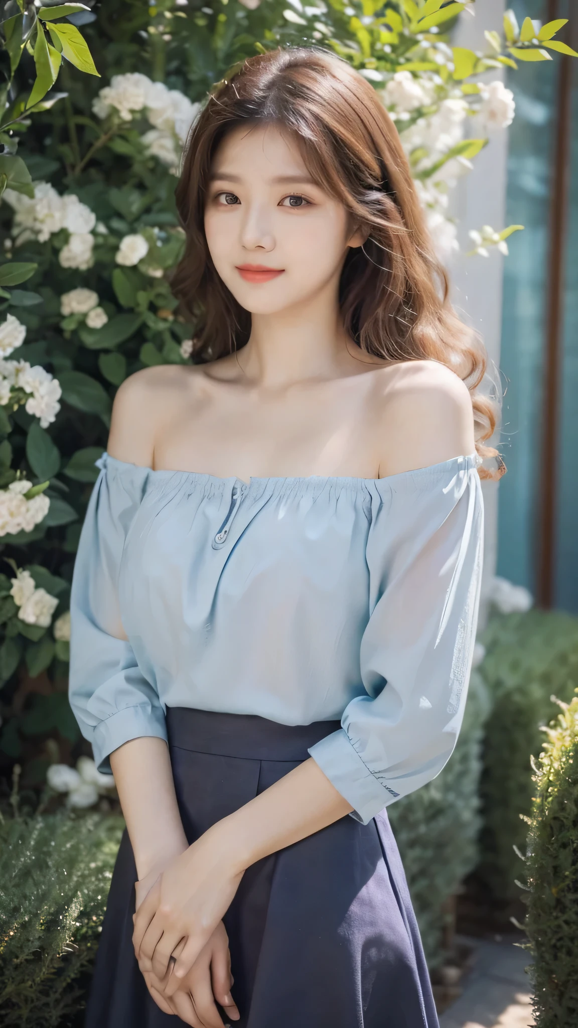 detailed background, masterpiece, best quality, 1 person , curly hair, long hair, purple eyes, star in eye , light blue color Strapless blouse, long skirt