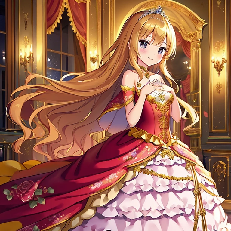 best quality,(long train cape:1.15),(long train ball gown with floral decoration:1.15), a girl is wearing a cape over her dress, anime style, rococo style, little princess, tiara, kind smile, very long hair, small breast, perfect fingers, masterpiece