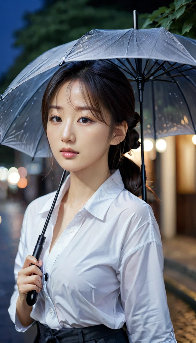 close-up of beautiful korean female, 34 inches breasts size, tied hair, wearing shirt, pants, holding umbrella, night, on the street, bokeh background, UHD