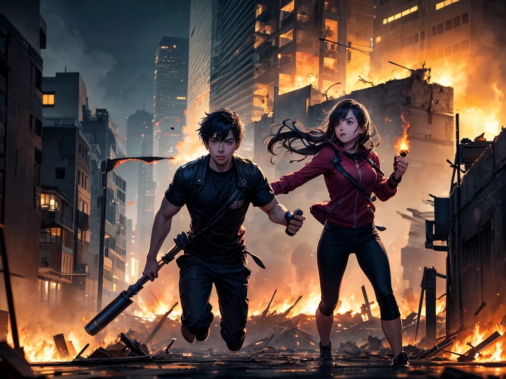 A young man and woman running with a torch in their hands, a burning city in the background, night scene with chaos and destruction."
