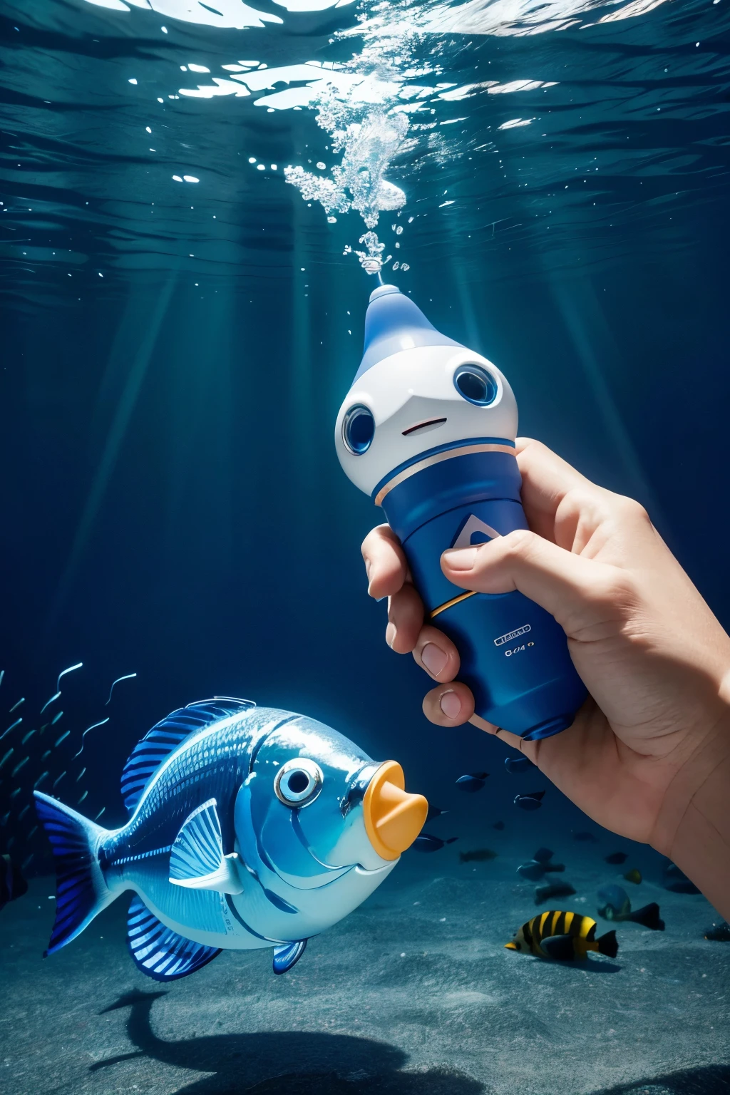 Image of the ultrasonic pet whistle being held by one hand, with a blue background reminiscent of the sea, and colorful fish around, as if they were "Looking for Nemo".