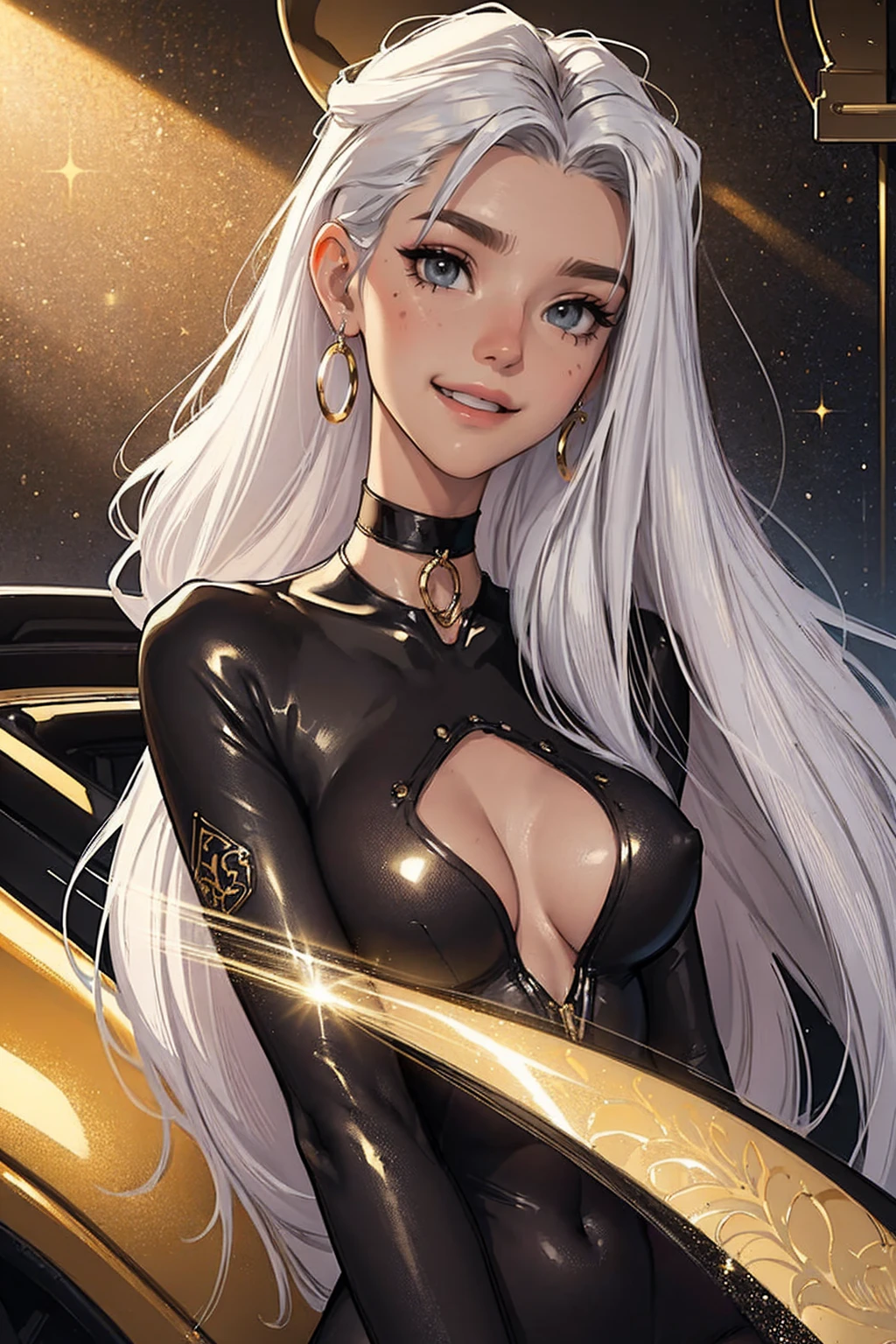 tmasterpiece，（tmasterpiece，top-quality，best qualityer），1girll， jewely，耳Nipple Ring，choker necklace，bangle， hoop earings， ， Long hair and long meat， Blonde hair，(Black color hair，Silvery-white hair，Maroon hair， solo， ssmile， looking at viewert， motorvehicle，The Car， Sports cars，groundvehicle， Sat down， exteriors， daysies， medium breasts，Open navel， dark skinned female， floral patterns， grinning smile，collars，Laser cloth，(black leather bodysuit)， laser，holy rays，gold foil，Gold leaf art，glitter drawing，Correct anatomy，Detailed face, Detailed eyes，Chest exposed，(miami, night life)