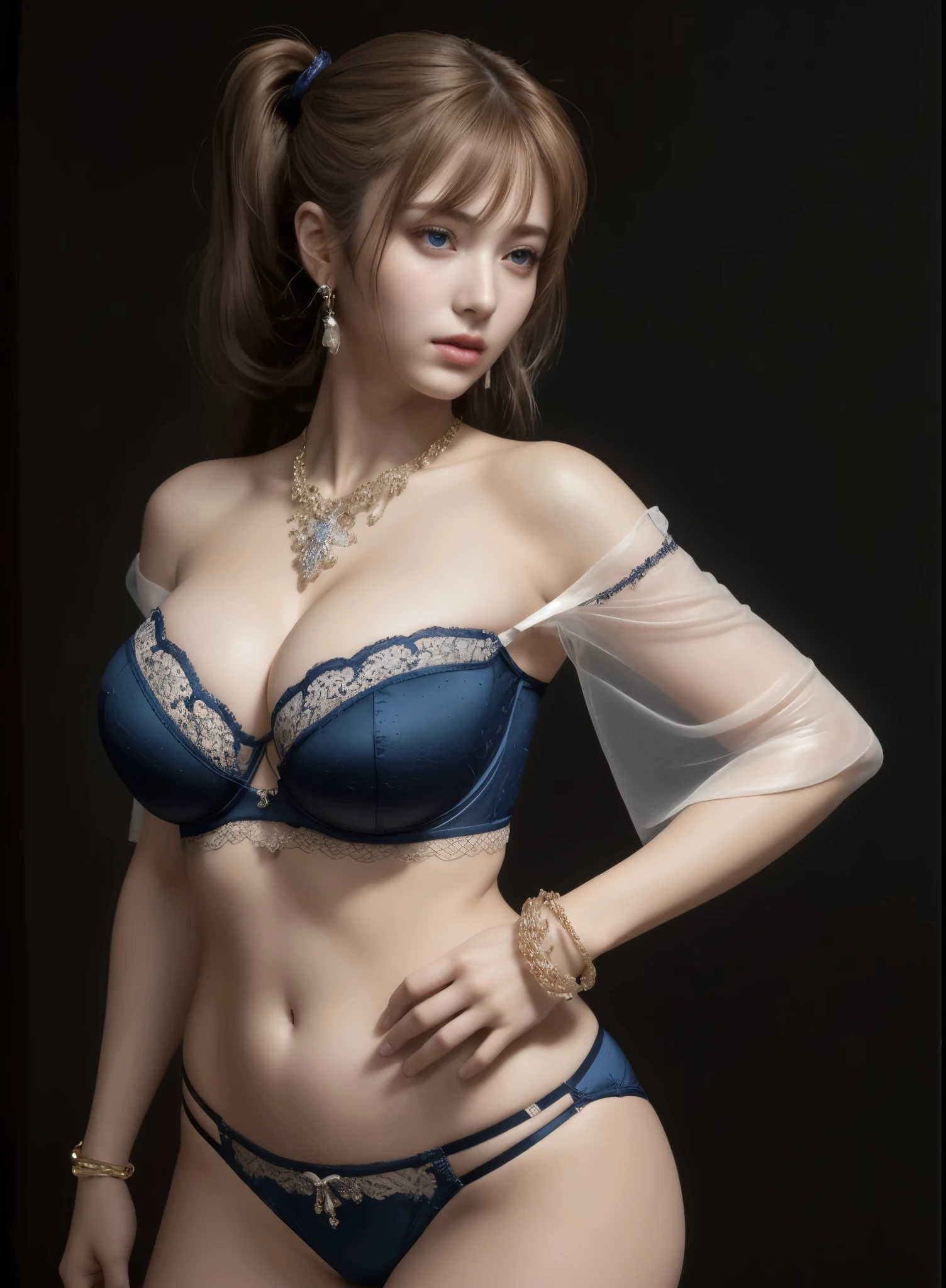 1girl, (solo:1.4), full body, (standing:1.2), twintails, bangs, strapless bra, lingerie, off-shoulder, see-through detached short puff sleeve, cleavage, navel, (thighs:1.2), shoulder, clavicle, see-through thongs, intricate jewelry, ornamental-trimmed, subtle ornamental earring, bracelet, sharp focus, (realistic:1.3), smooth lighting, cinematic lighting, (highest quality:1.4), blue eyes, (detailed texture:1.3), detailed skin, skin pores, shiny skin, oiled skin, (moist skin), (glistening skin), (gigantic breasts:1.2),