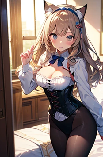 ((4K、8k、Highest quality、Perfect Fingers: 1.3、Perfect Anatomy: 1.3、Background Blur))、(Transformation sequence)、((Beautiful and slim girl、Blushing and confused、Cat ear、cute big droopy eyes、Two-side up straight long hair、、Small breasts))、((Blue butler suit style leotard：1.1、corset、Long sleeve、A gorgeously decorated headband))、(High leg)、Are standing、Full-body display、Bedroom in an aristocratic mansion、bed、Large Breasts