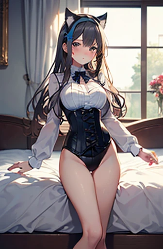 ((masterpiece)), ((best quality)), (ultra-detailed), ((kawaii)), cute, (lovely), ((sexy)), (ero), ((extremely detailed)), 4K, (8K), best quality, (beautiful), anime style, in the middle, full body focus, ((standing near the window)), ((in the hotel)), luxury bed, morning, a cute girl, 1girl, solo, (((lingerie :1.4))), (((underwear))), beautiful dark brown hair, beautiful purple eyes, ((beautiful eyes with highlights:1.4)), white-skinned, long hair, transparent hair, translucent hair, large breast, garter belt, glasses, light smile, blush, lens flare, wind effect, shiny-glistening, gleaming, reflection effect