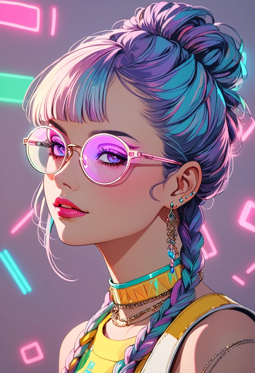 Light Projection,a portrait of a beautiful woman painted on wall with light,stunning beauty,soft light, pastel colors, muticolore hair, punk, line art,simple background, modernism, glowing lips, piercings, lips closed, light smile, masterpiece, natural style, braids, neon, detailled iris, rich woman, big glasses, nerd