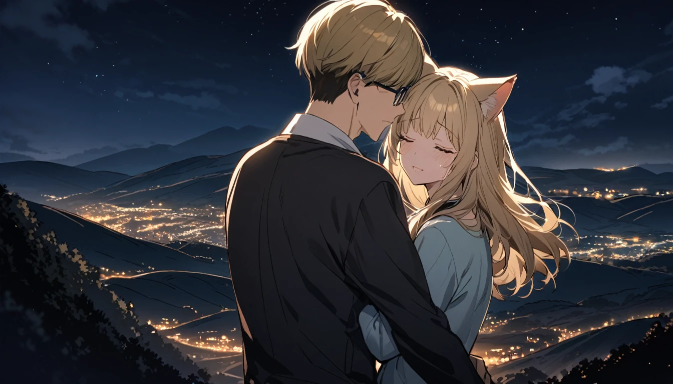 two people, one boy one girl, both are blond hair, the girl has cat ears, the boy wear glasses, the girl is crying, the girl hugs the boy, boy back to the viewer, night, standing, closing eyes, hills, mature