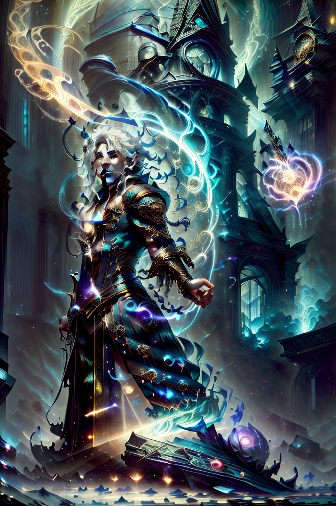 An  enchanting image of a boy casting a magic spell, has Five fingers, white hair floating in the air, with the magic circle visible while casting, facing towards the viewer, glowing with powerful aura of fire with read color color scheme, shows the magic caster eyes with etheral light, a mist in his background, with a beautiful scene in the background, cinematic lighting, dramatic lighting, super detailed, hyper detail, black cloak, royal prince, detailed magic circles(8k), スーパー8k解像度, Amazing illustration of a fantastic celestial object, The galaxy was shattered, Mysterious Hero, Warrior Prince, (Cyberpunk Invisibility Mask: 1.3), Space Glasses (The time machine is in your hands: 1.7), Shiny flowing white robes , Celestial explorer emerges from a portal, (A very exquisite masterpiece: 1.7) Cinema Lighting