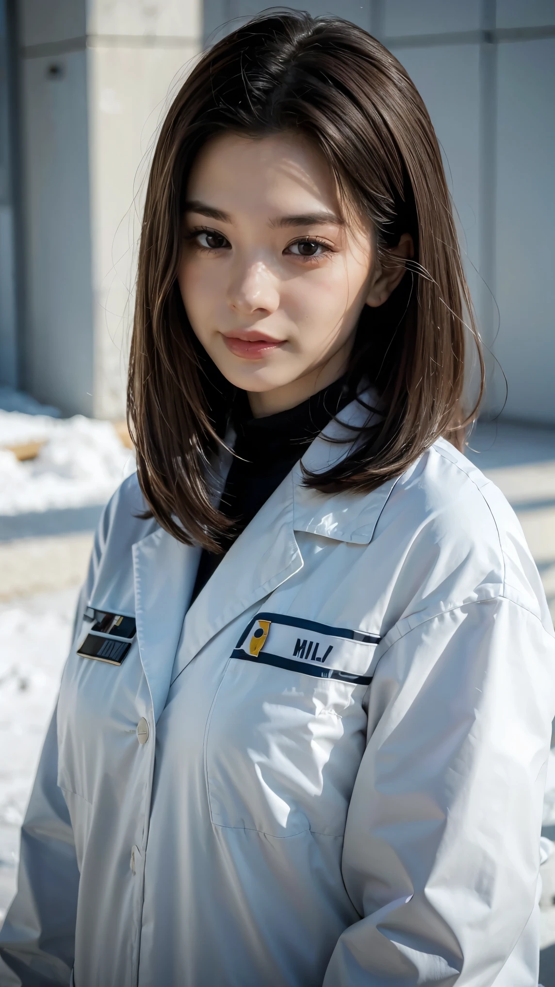 Science Fiction,Sci-Fi Movies,Artillery,Long-Range Missiles,Based on the Movie Foundation ,Woman,Adult,Protagonist,28 years old,hopeful face,brown eyes,short hairstyle,black hair with white gray,scientist uniform,white researcher coat,open meadow,rebel,chaotic,future world,world of socialism,snow,chaos