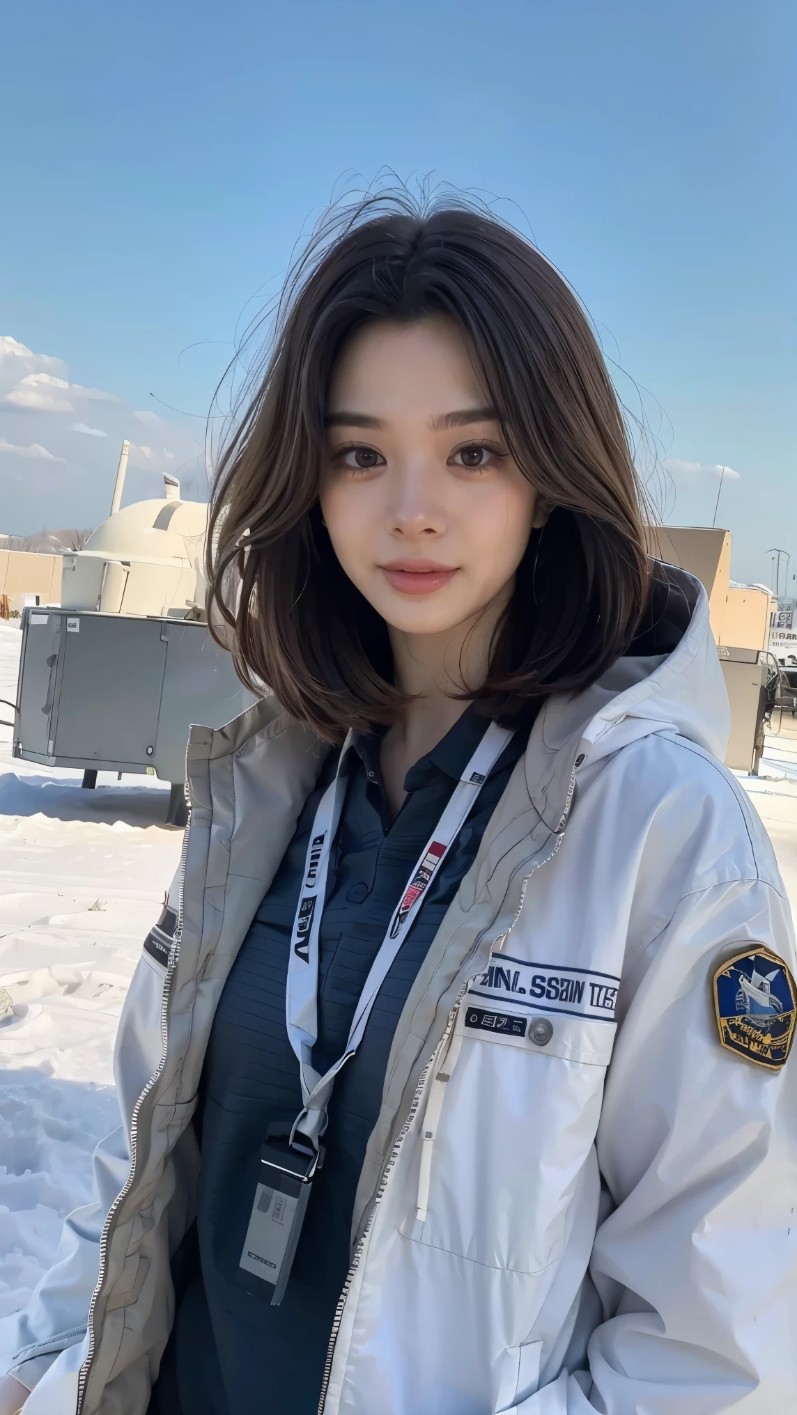 Science Fiction,Sci-Fi Movies,Artillery,Long-Range Missiles,Based on the Movie Foundation ,Woman,Adult,Protagonist,28 years old,hopeful face,brown eyes,short hairstyle,black hair with white gray,scientist uniform,white researcher coat,open meadow,rebel,chaotic,future world,world of socialism,snow,chaos