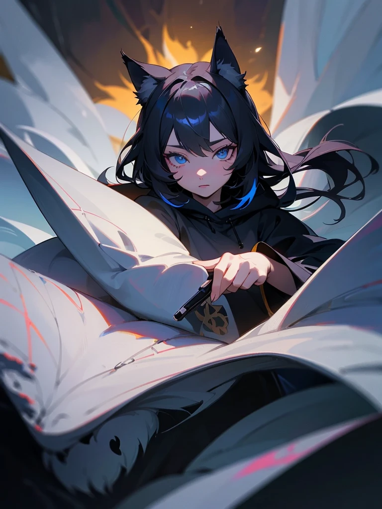 a 14 year old anime girl wearing a black hoodie with the words "Lysa" holding a flower, 1 wolf beside her, detailed face, beautiful eyes, highly detailed, intricate, digital painting, masterpiece, 8k, photorealistic, cinematic lighting, vibrant colors, fantasy, magical realism, dramatic