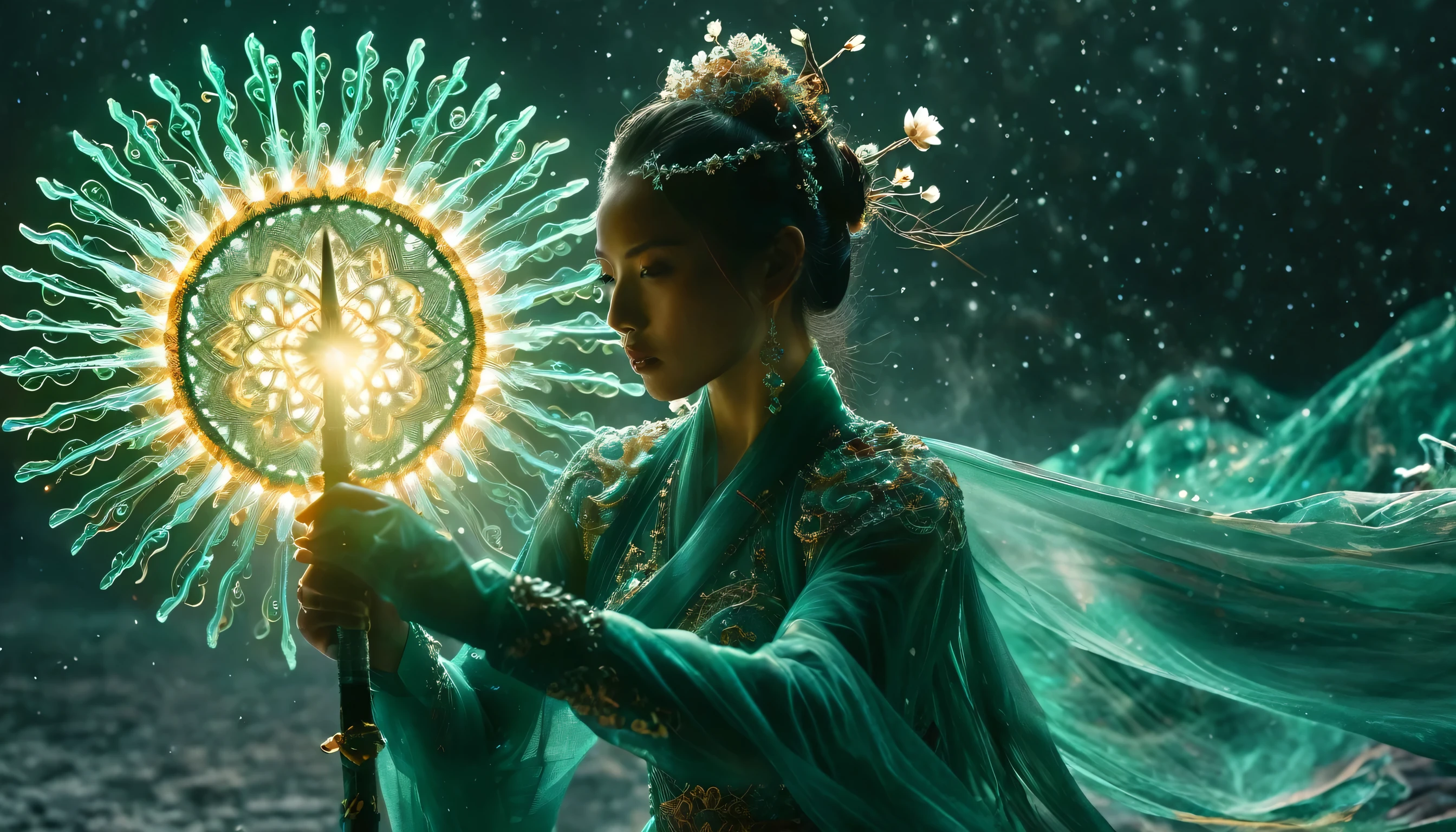 Female swordsman Jade Fractal photography,Atomic Correct,Raw, Lenses, (Clear focus:1.5), (Reality:1.4), Dusk lighting, Volumetric Lighting, Ultra-high resolution, 16K,Dramatic Lighting, White background:1.5),Glowing sword,(fighting stance),Hold the sword hilt tightly in your hand,1 sword,Solitary,(Zentangle,Mandala,Tangles,Entanglement:0.7) , Depth of Field, Dreamy atmosphere, The most beautiful form of chaos, grace, Brutalist design dark theme, Flower of Death, Flowers of ecstasy,glowing line,Glow Example,Tracking example,flash, Backlight,translucent,Light Particles,exit,xianxia
