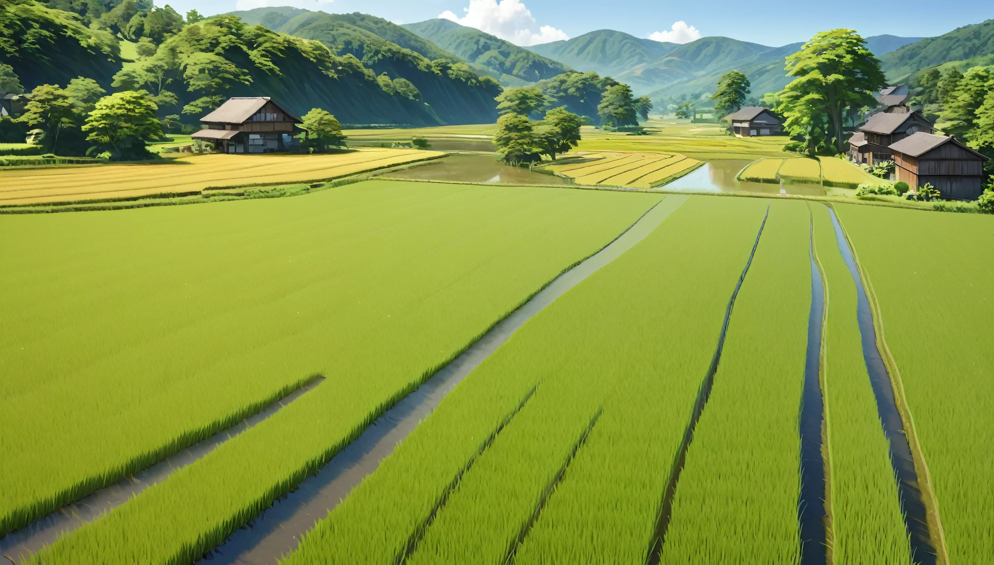 Japanese countryside,Rice Field,Midsummer,sunny,Daytime,Highest quality, 8k, High resolution, masterpiece:1.2, Very detailed, Realistic:1.37, High resolution, 超High resolution, Very detailed, Professional, Vibrant colors
